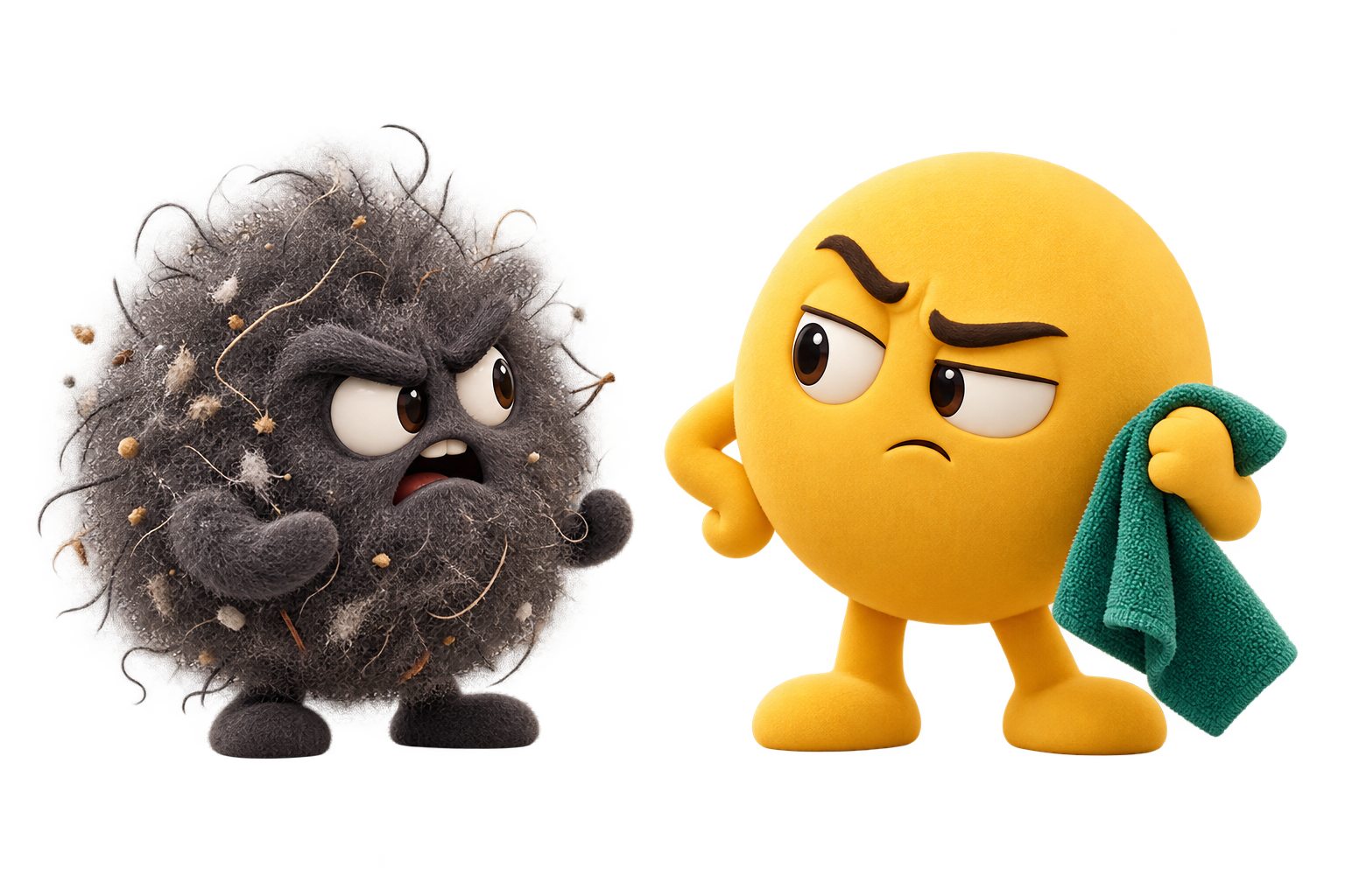 Deux personnages originaux se rencontrent : une boule de poussière grognonne et la mascotte jaune Anti-Saleté avec un chiffon.